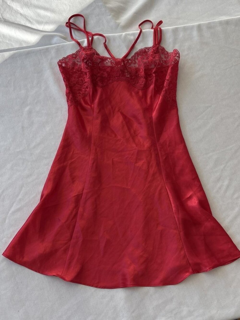 Vintage Victoria's Secret Gold Label Red Satin Lace Slip Dress Sz S